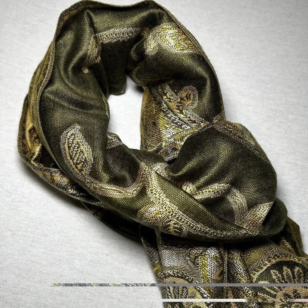 100% Pashmina Cashmere Wrap Scarf in Green Reversible Print with Fringe